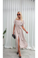 Sukienka Koszulowa Maxi Premium Wiązana w Pasie Elegancka Oversize Guziki Kieszenie - beż